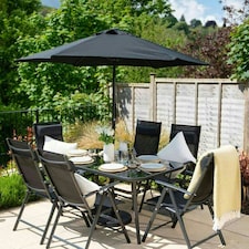 Hectare 6 Seater Garden Furniture Reclining Glass Dining Set with Parasol Black