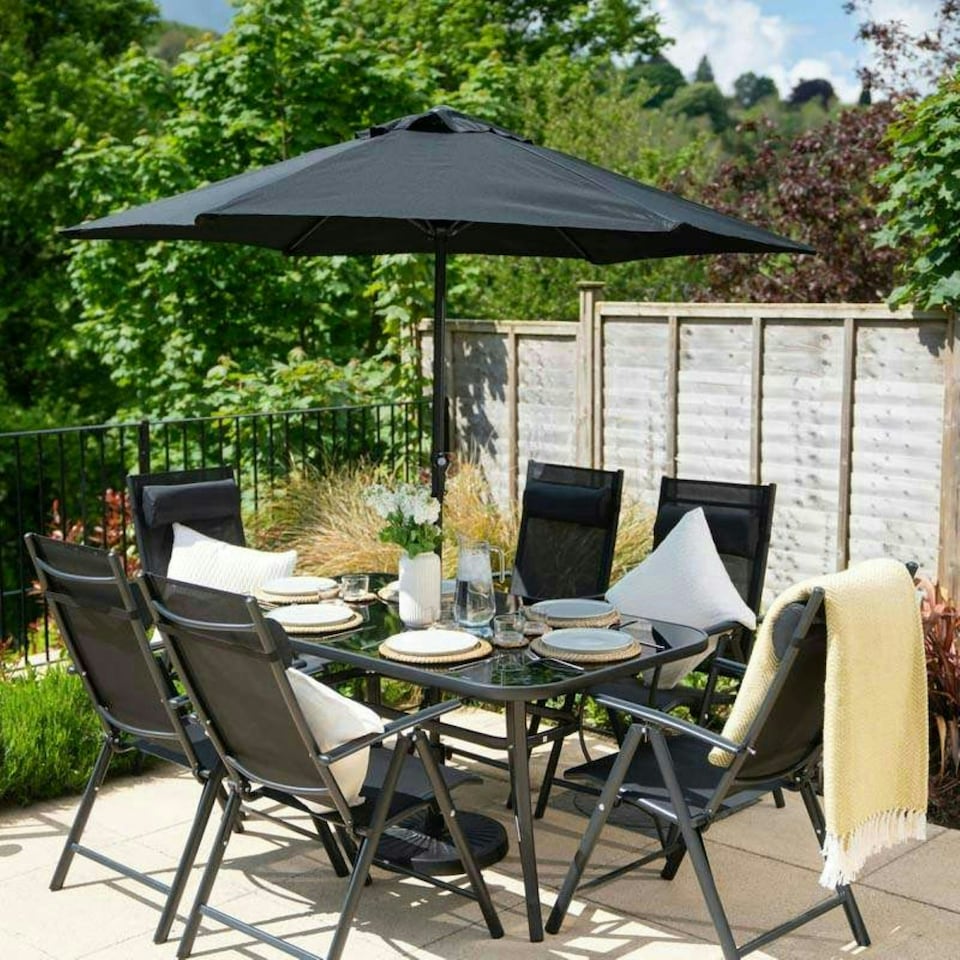 image 1 of Hectare 6 Seater Garden Furniture Reclining Glass Dining Set with Parasol Black