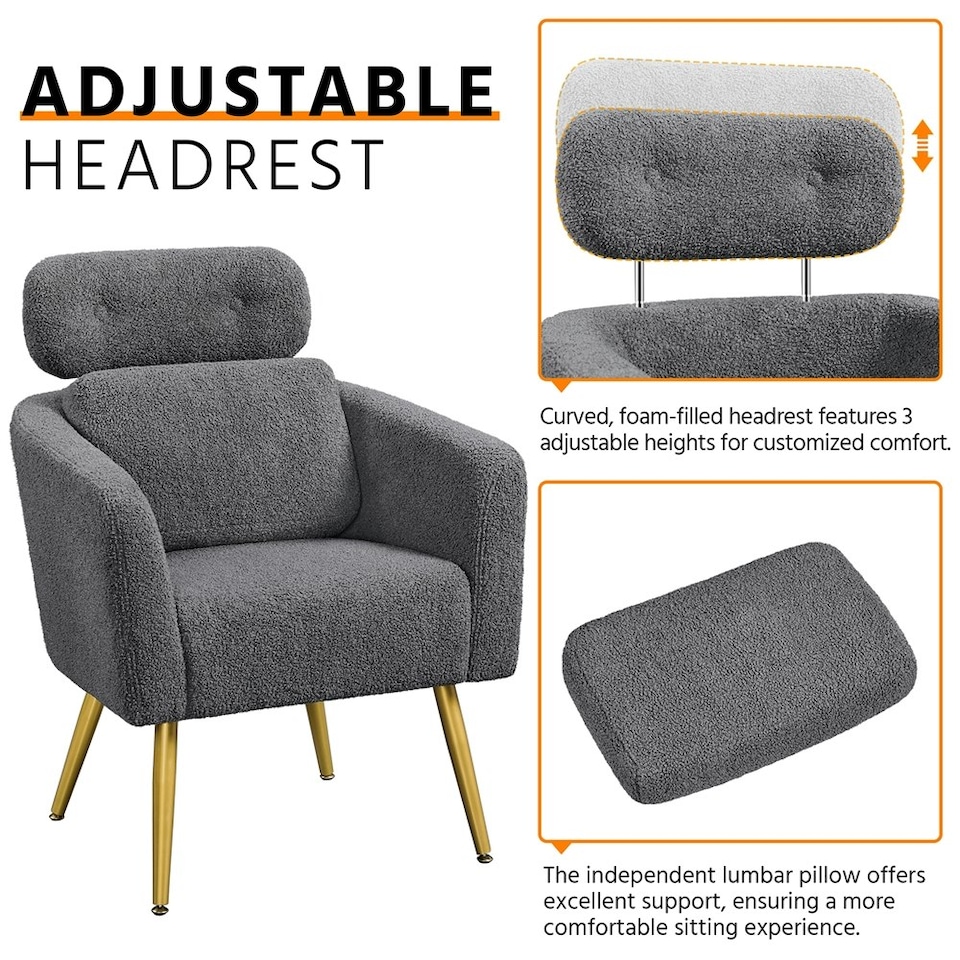 image 1 of Yaheetech Boucle Barrel Accent Chair with Adjustable Headrest and Lumbar Pillow Grey | Dark Gray