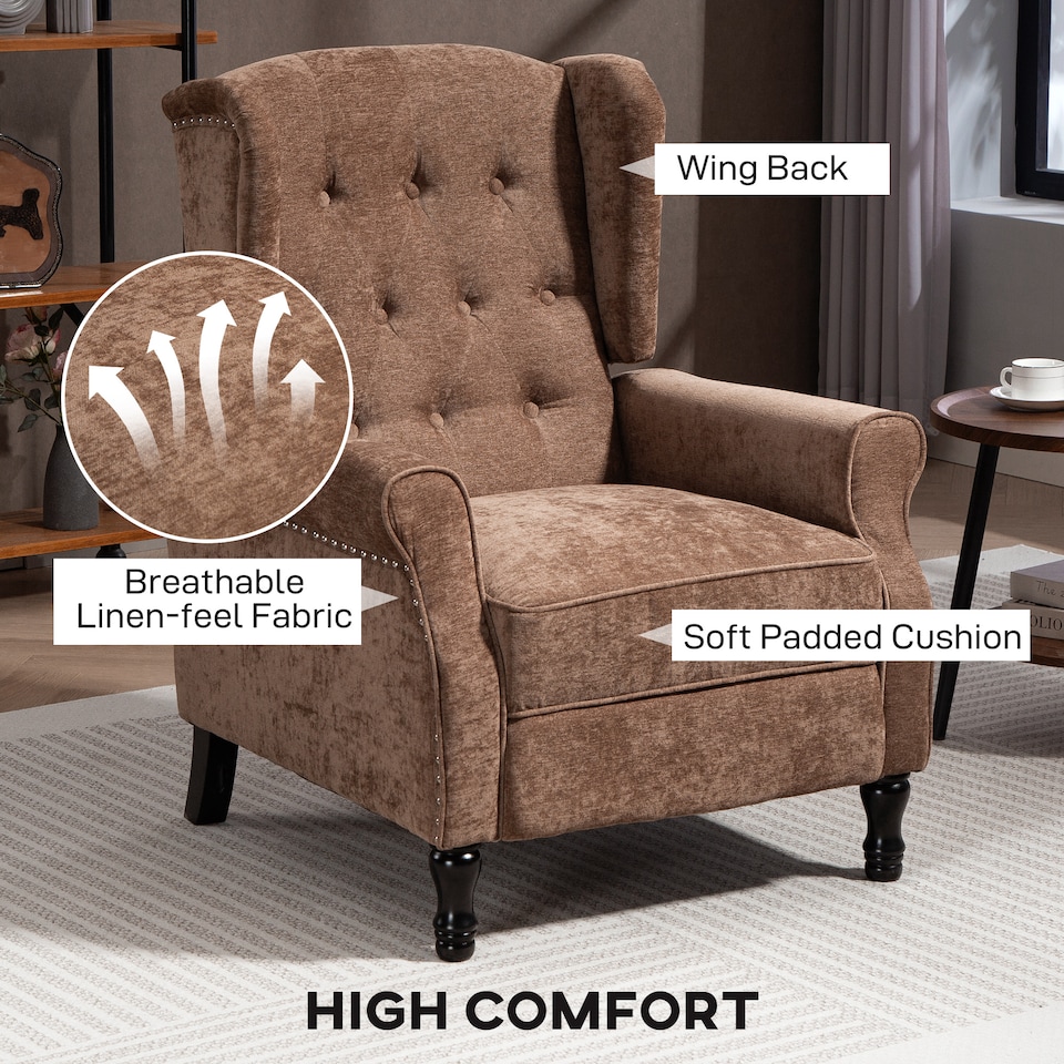 image 1 of HOMCOM Recliner Armchair, Vintage Reclining Chair with Nail Head Trim, Wingback Chair with Button Tufted Back and Footrest, for Living Room, Brown | Brown | Brown
