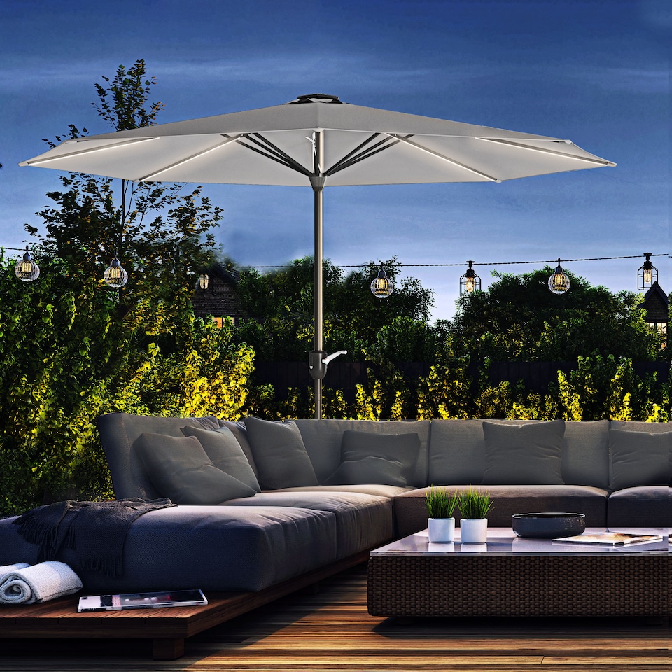 image 1 of Outsunny 2.65m Garden Parasol with Lights, Solar Charged Warm Yellow LED Patio Umbrella with Crank Handle, for Balcony, Outdoor and Lawn Light Grey