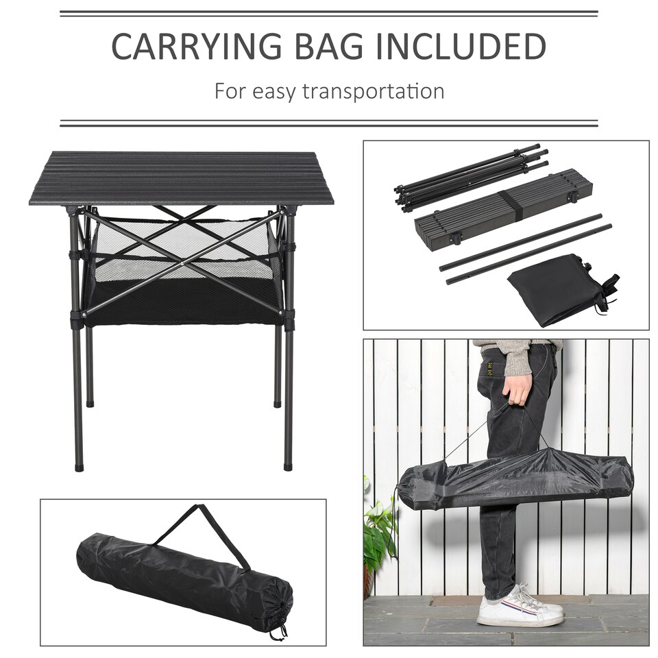 image 1 of Outsunny Aluminum Camping Table Folding Table Picnic Table w/ Mesh Bag, Black