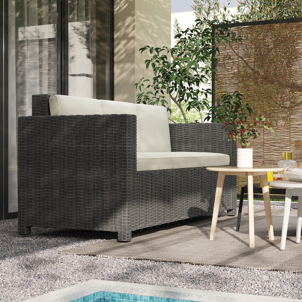 image 1 of Outsunny 3 Seater Rattan Sofa with 10 cm Thick Padded Cushion, All-Weather PE Wicker Weave Garden Three-seater Bench with Armrests, Cream White