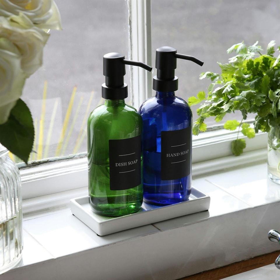 image 1 of Harbour Housewares 2pc Glass Soap Dispenser Set with Ceramic Tray & Labels - 500ml - Blue/Black