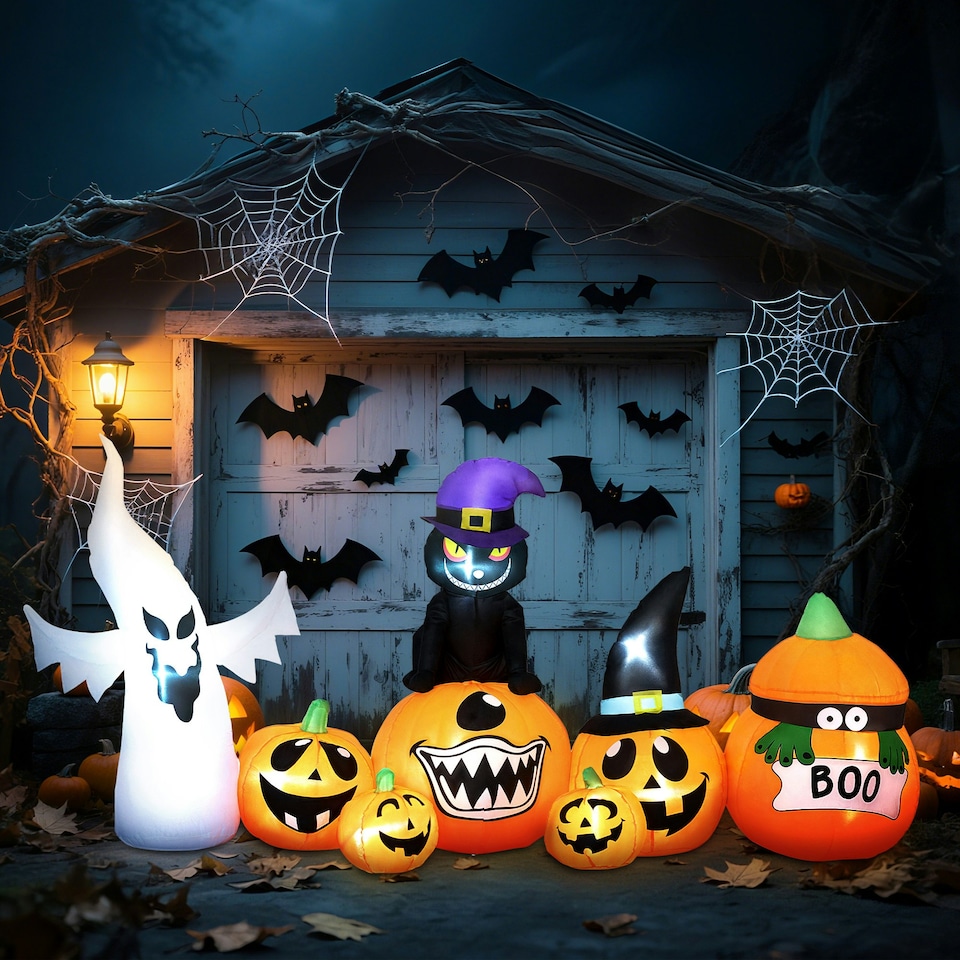 image 1 of Outsunny 8 FT Blow Up Halloween Inflatables Pumpkin Ghost and Cat Combo