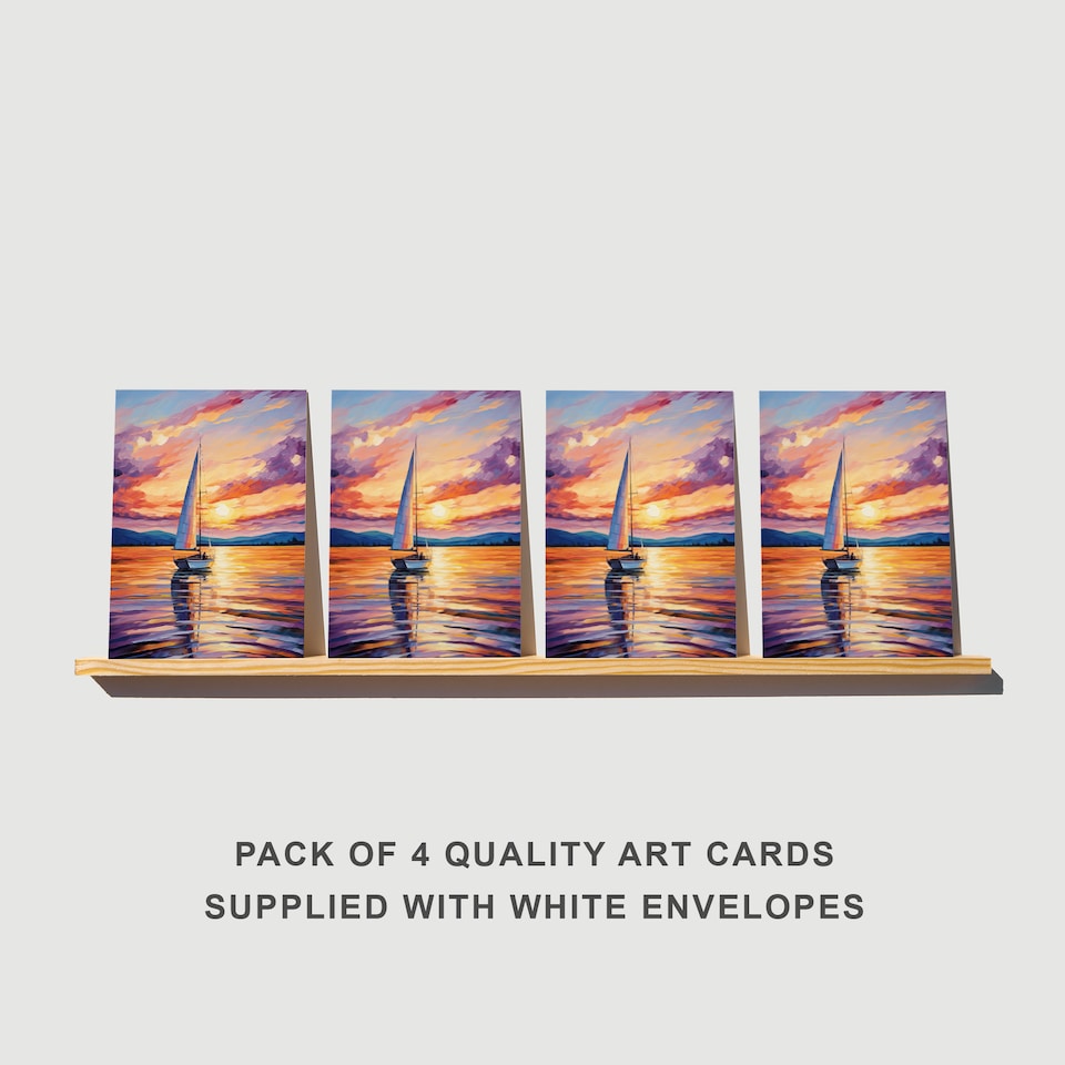 image 1 of Sunset Sailing Boat Seascape Art Cards Pack of 4 Coastal Landscape Greeting Cards