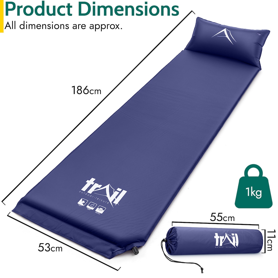 image 1 of 2.5cm Single Camping Mat Self Inflating Inflatable Camp Roll Mattress With Bag Trail | Blue | Single | 1