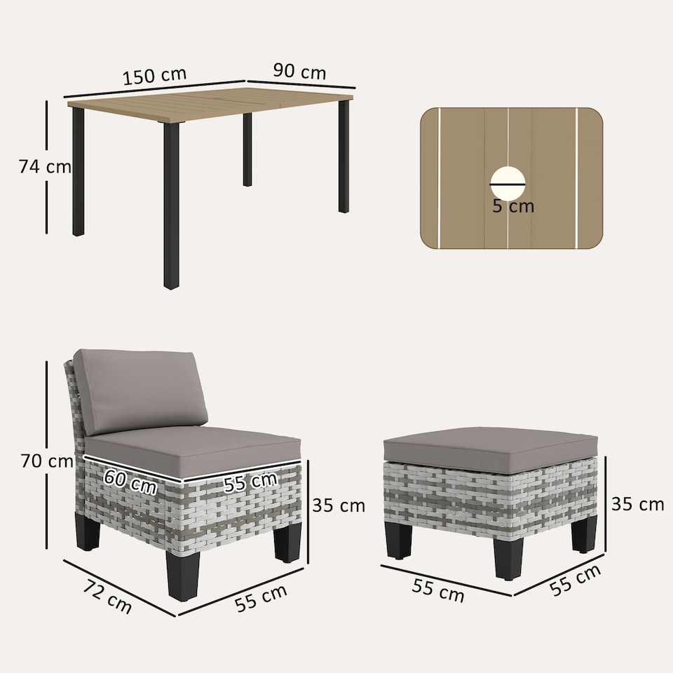 image 1 of Outsunny 7 PCS Rattan Garden Dining Set with Cushions, Umbrella Hole, Grey | Grey | Grey | 1