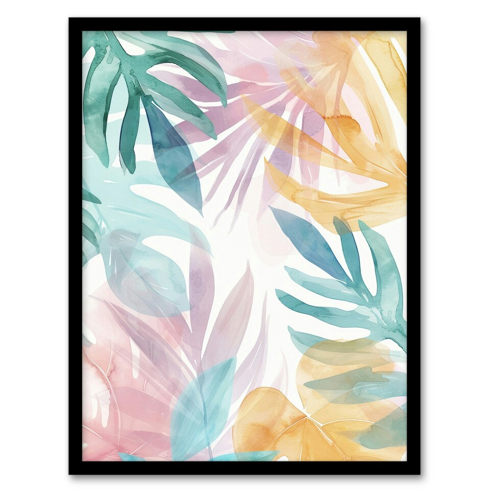 image 1 of Plant Lover Monstera Leaves Watercolour Colourful Home Decor Black Framed Wall Art Print A4