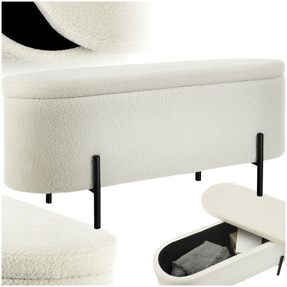 image 1 of Hallway Bench Lanja - upholstered, cushioned, built-in-storage, 97 x 36 x 42 cm Cream | Boucle Cream-White