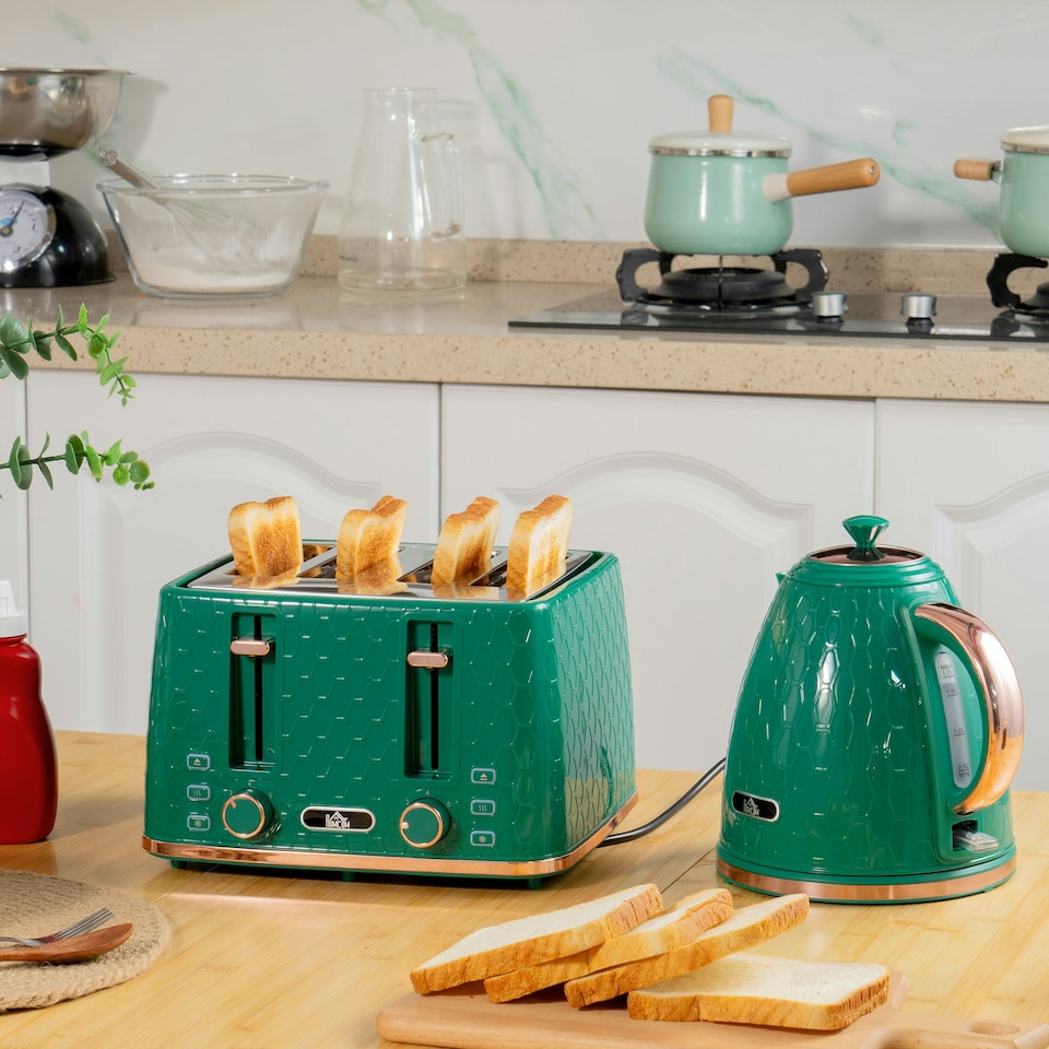 image 1 of HOMCOM 1.7L Kettle and Toaster Set with Defrost Reheat and Crumb Tray Green