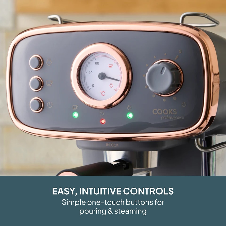 image 1 of Cooks Professional 15-Bar Retro Espresso Coffee Machine 1.2L with Frothing Steam Wand | Grey | Grey & Copper