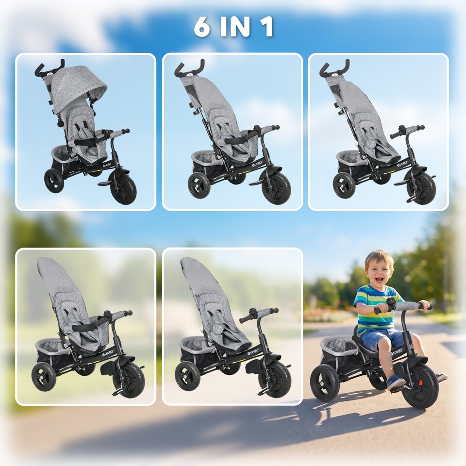 image 1 of HOMCOM 6 in 1 Kids Pedal Trike, Stroller with Parent Handle, Storage, Grey