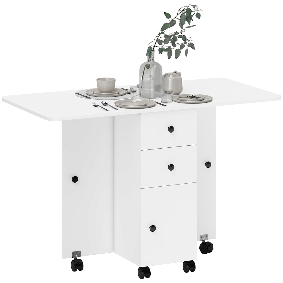 image 1 of HOMCOM Folding Dining Table for 4-6, Rolling Drop Leaf Table on Wheels with Storage Drawers, Cabinet and Open Shelf for Kitchen, Dining Room, White