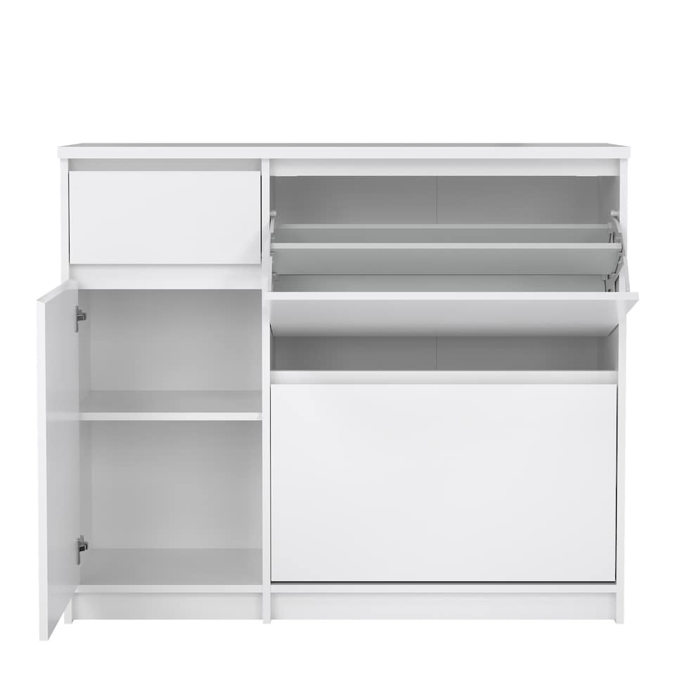 image 1 of Naia Shoe Cabinet with 2 Flip Down Doors 1 Door and 1 Drawer in White High Gloss