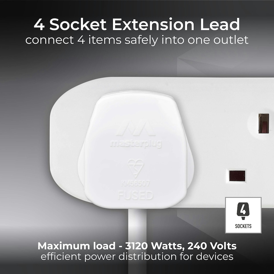 image 1 of Masterplug 4 Socket Extension Lead with 2m Cable, Wall-Fixing, White