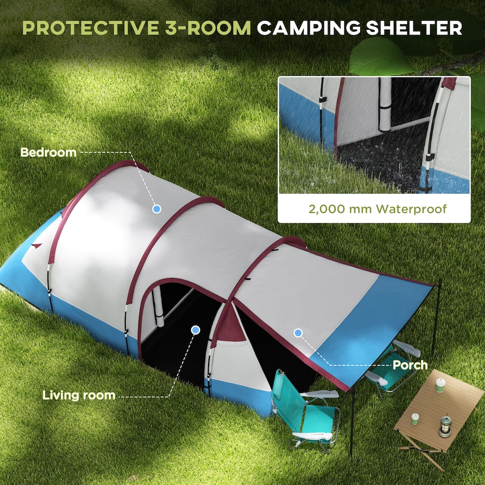 image 1 of Outsunny 2-3 Man Camping Tunnel Tent with Bedroom and Living Room | Red | Red