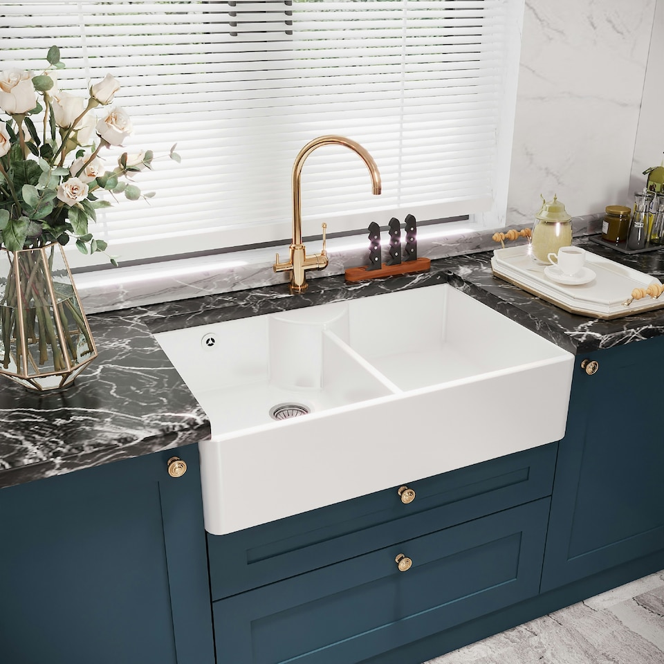 image 1 of 895mm - Two Bowl Fireclay Butler Kitchen Sink -  Stepped Weir, Overflow, ledge & Wastes