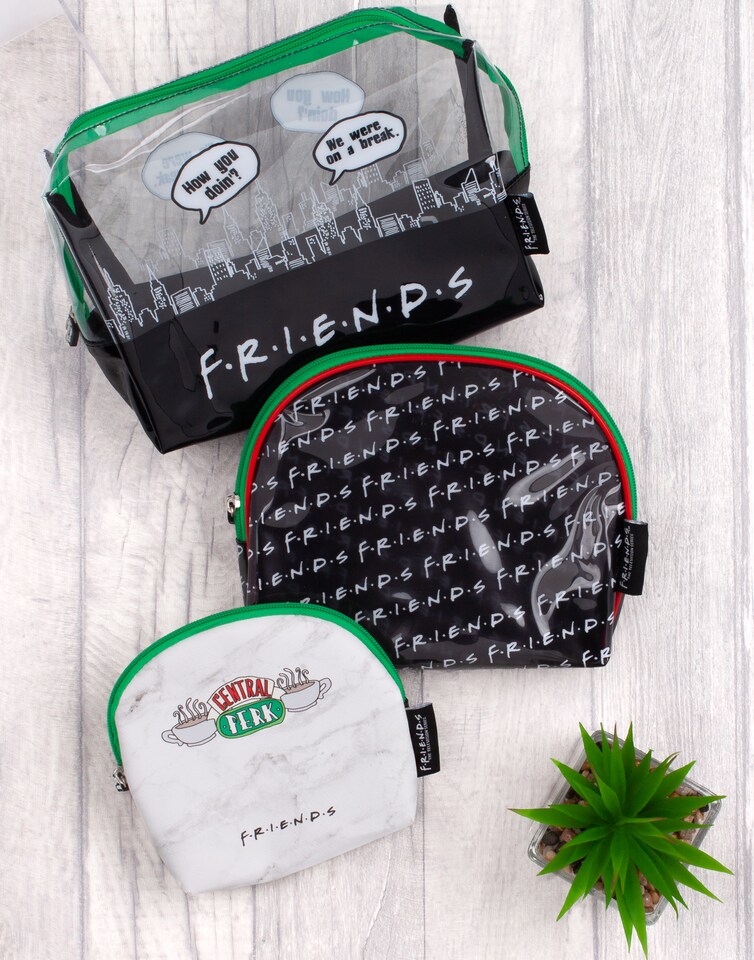 image 1 of Friends Cosmetic Bags for Girls & Ladies | Teenagers 3 Make-Up Organisers Case | Clear Central Perk Cafe Travel Toiletry Gift Set | TV Show Merchandise | Black | Black