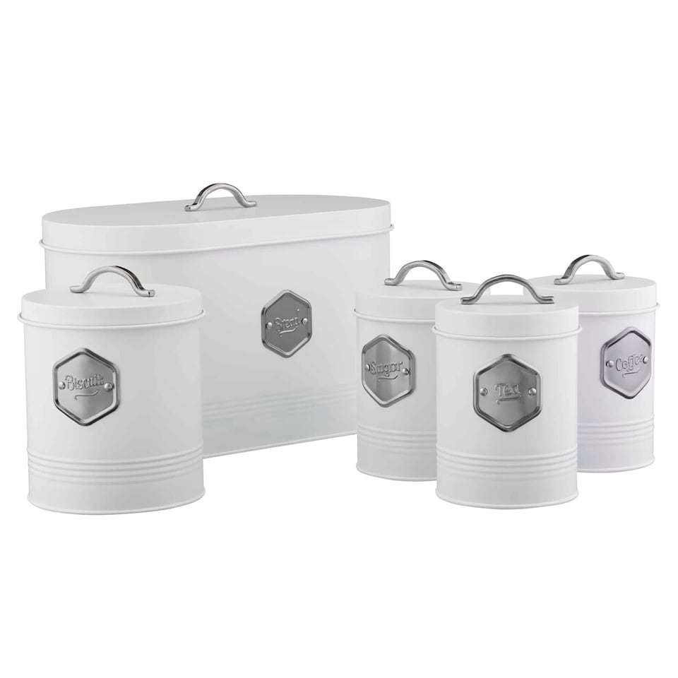 image 1 of Cooks Professional Kitchen Storage Set | 5-Piece | Bread Biscuit Tea Coffee Sugar | White & Silver