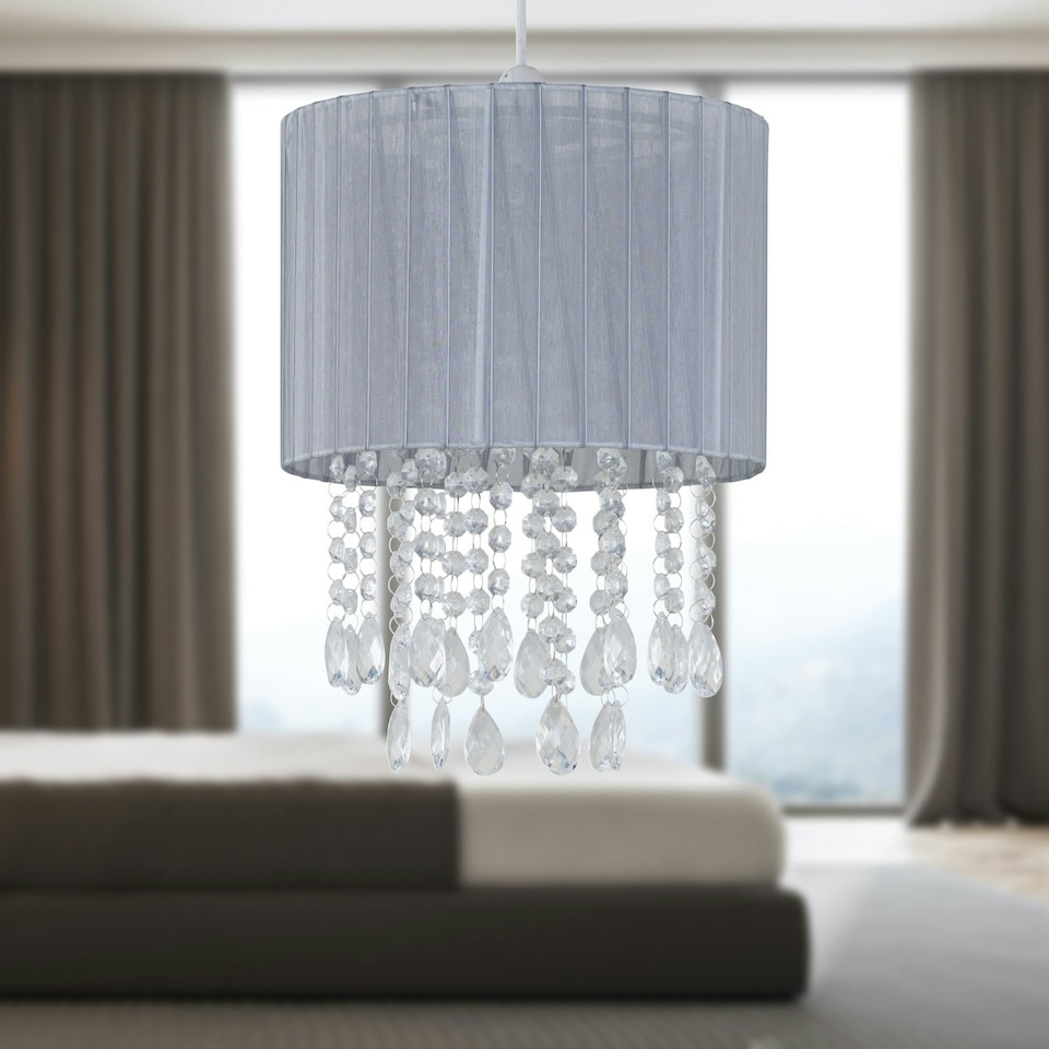 image 1 of First Choice Lighting Set of 2 Voile 25cm Jewelled Grey Ribbon Pendant Shades Grey | Clear