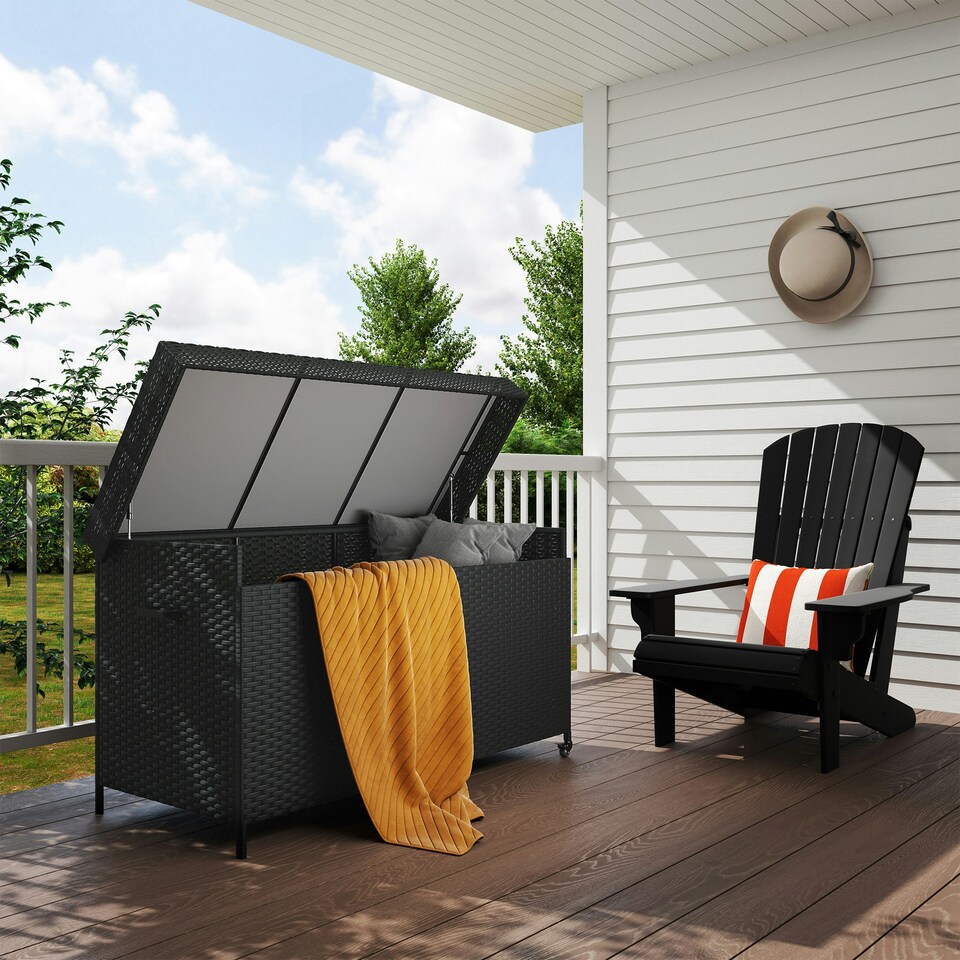 image 1 of Outsunny 627 L Rattan Garden Storage Box with Gas Lift Lid and Wheels Grey | Dark Grey | 153 x 69 x 85 cm