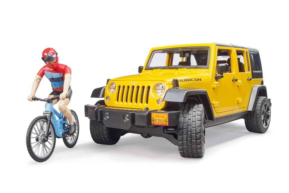 image 1 of Bruder Jeep Wrangler Unlimited Rubicon with Mountain Bike & Cyclist Outdoor Adventure Playset