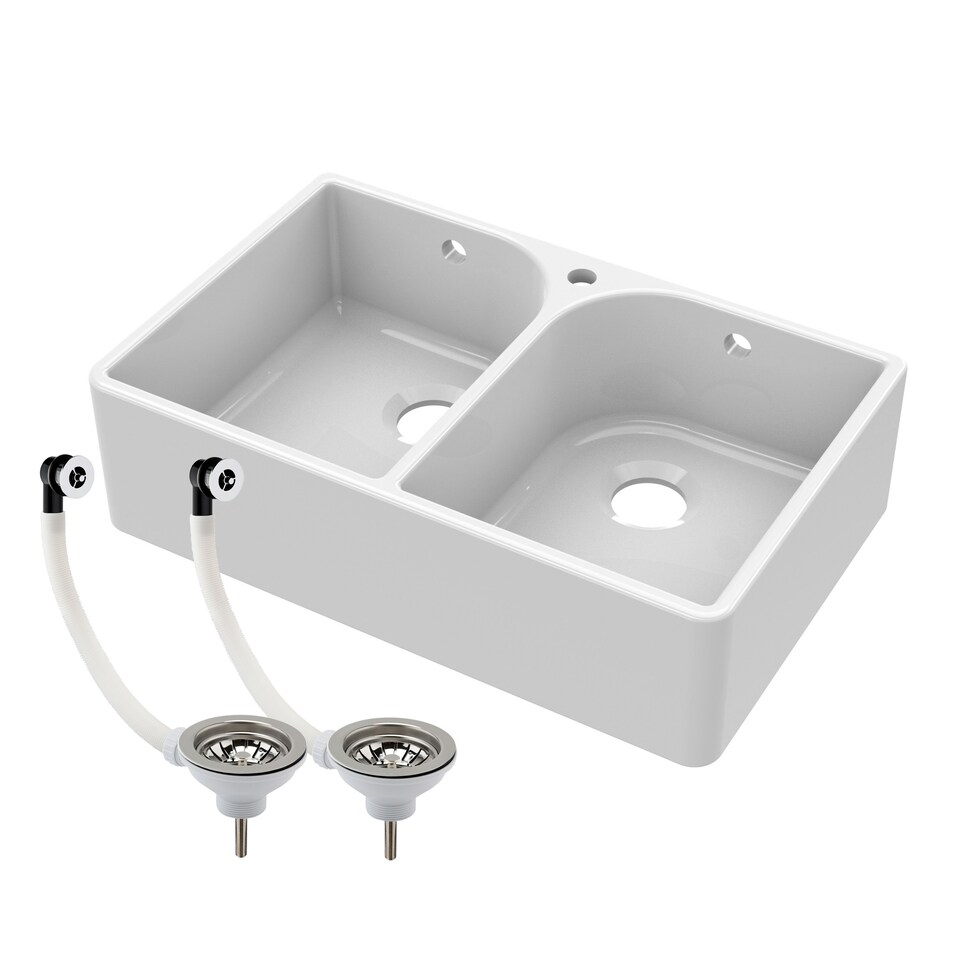 image 1 of Double Bowl Fireclay Ceramic Butler Kitchen Sink with Full Weir, Overflows & Wastes