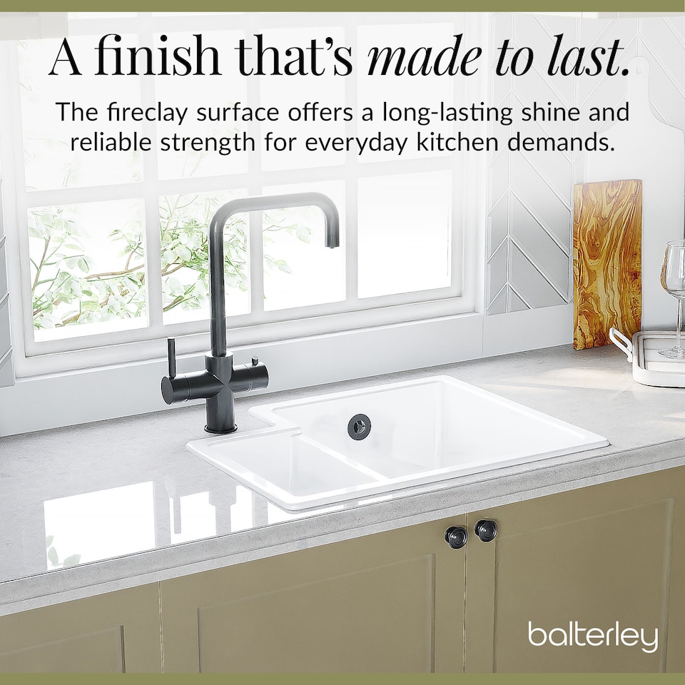 image 1 of Balterley Fireclay 1.5 Bowl Right Hand Undermount Kitchen Sink & Overflow | White | White | 1