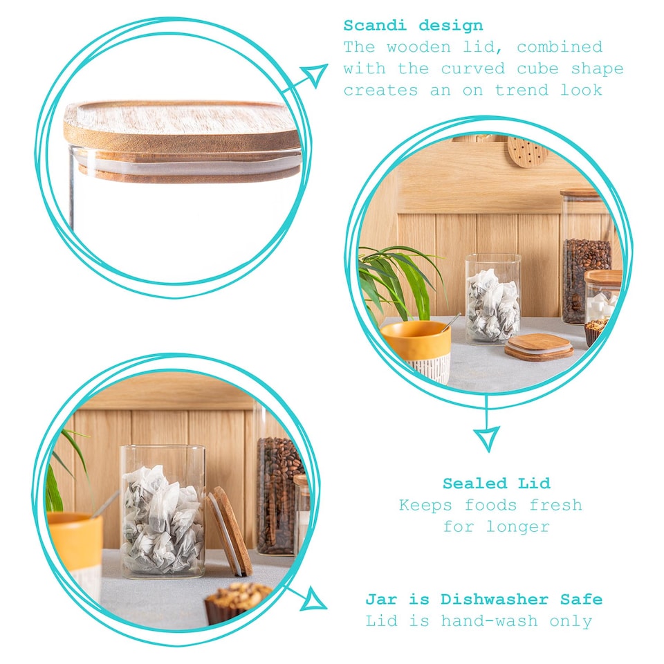 image 1 of Argon Tableware Square Glass Storage Jars with Wooden Lids - 1.1 Litre - Pack of 6