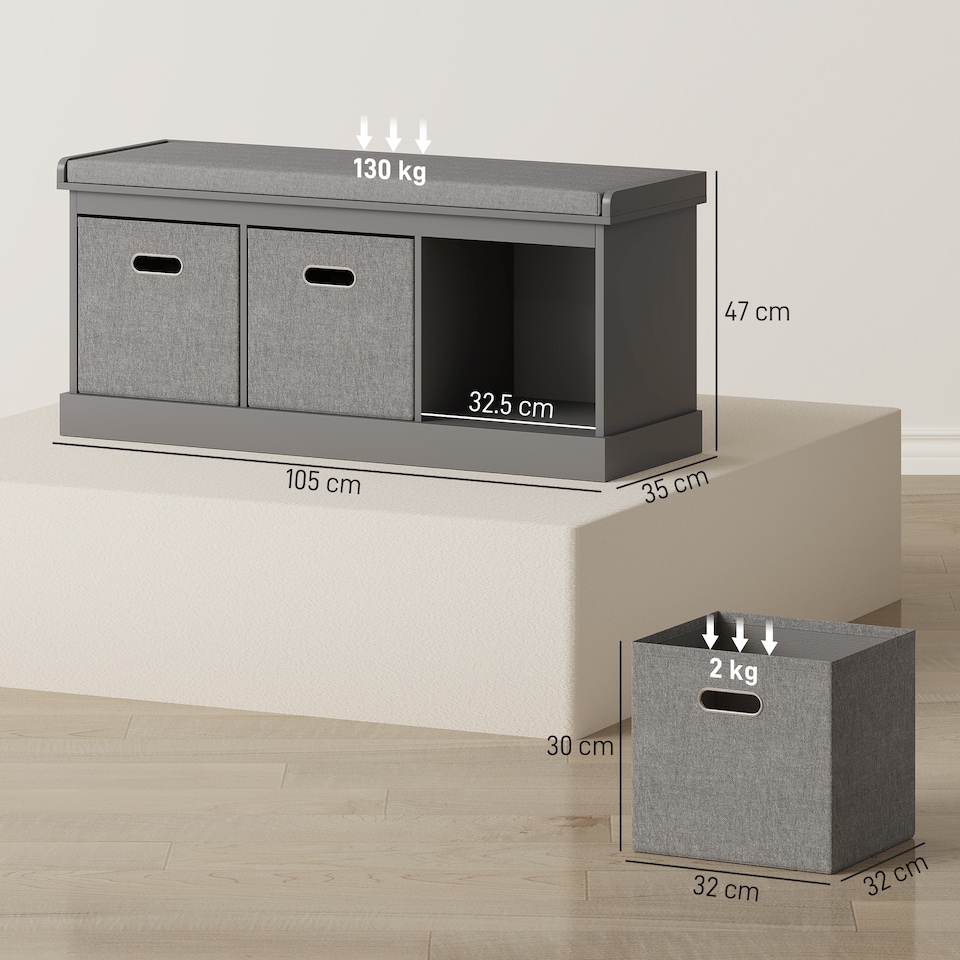 image 1 of HOMCOM Shoe Bench with 3 Fabric Baskets, Shoe Storage Bench with Seat Cushion, Shoe Cabinet for Entryway, Hallway, Living Room, Bedroom, Grey | Grey | Grey