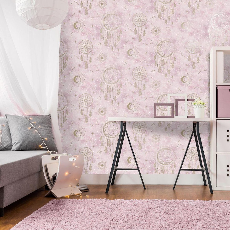 image 1 of WallpaperShop Dreamcatcher Pink Gold Wallpaper Children's Bedroom Feature Wall