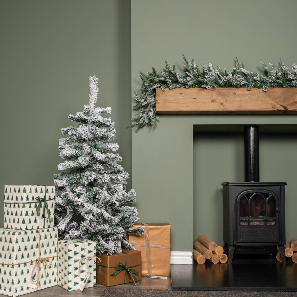 image 1 of 4ft (1.2m) Snow Flocked Artificial Christmas Tree with Green Metal Stand and 177 Tips