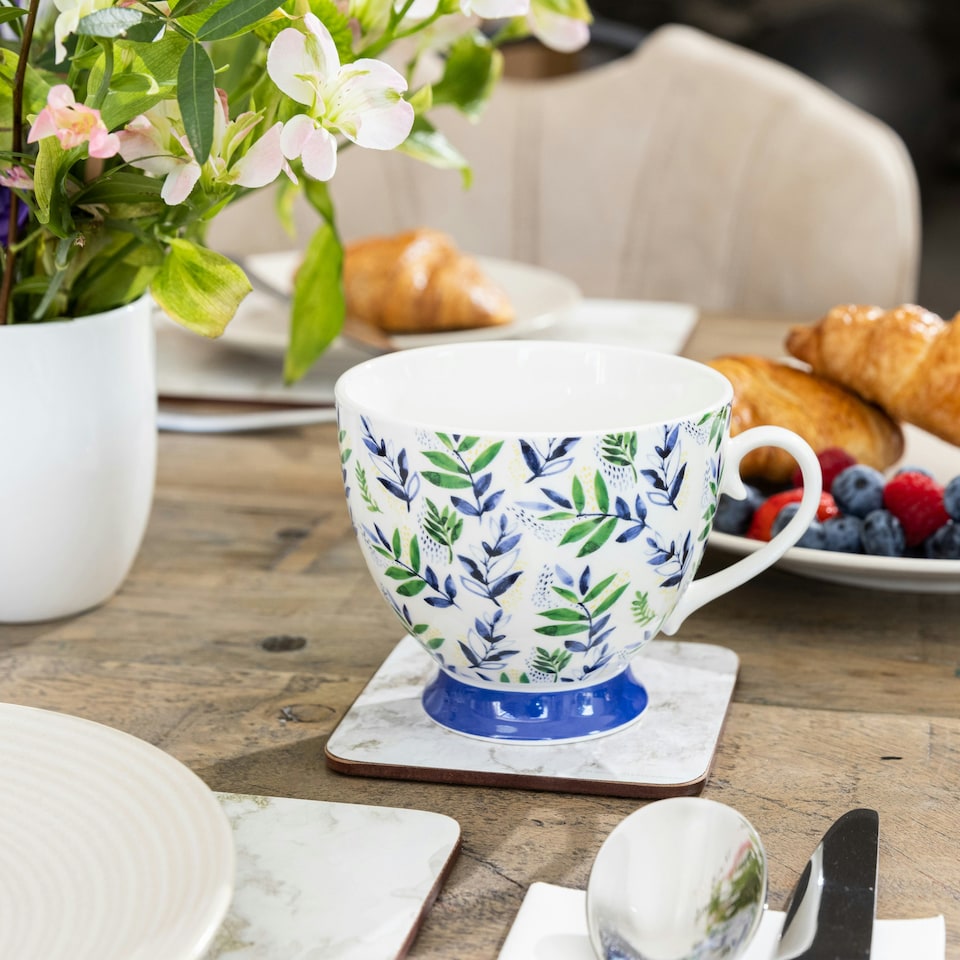 image 1 of KitchenCraft China Leafy Lemon 400ml Footed Mug | Blue | 1