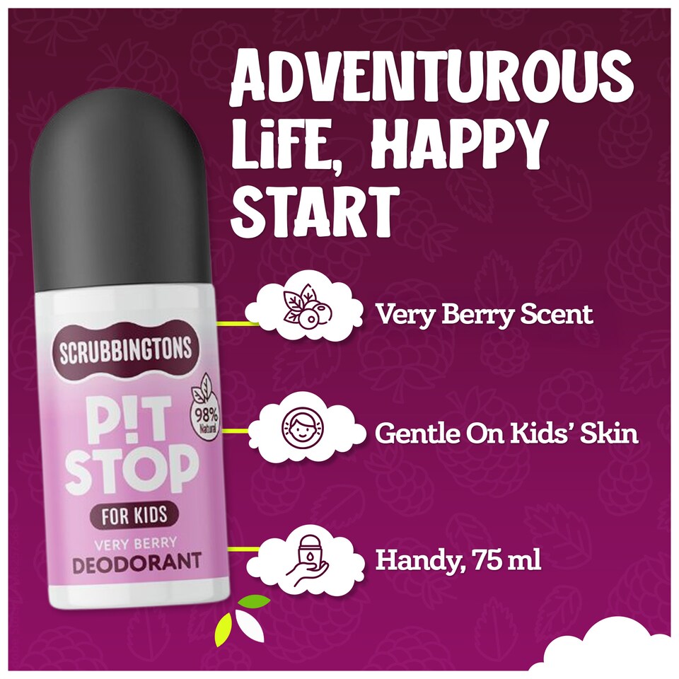image 1 of Scrubbingtons Pit Stop Kids Deodorant Natural Roll On For Children, Teens Natural Ingredients For Sensitive Skin Paediatrician approved, Aluminium & Alcohol Free, Very Berry 75ml x 2 | White | White | 2