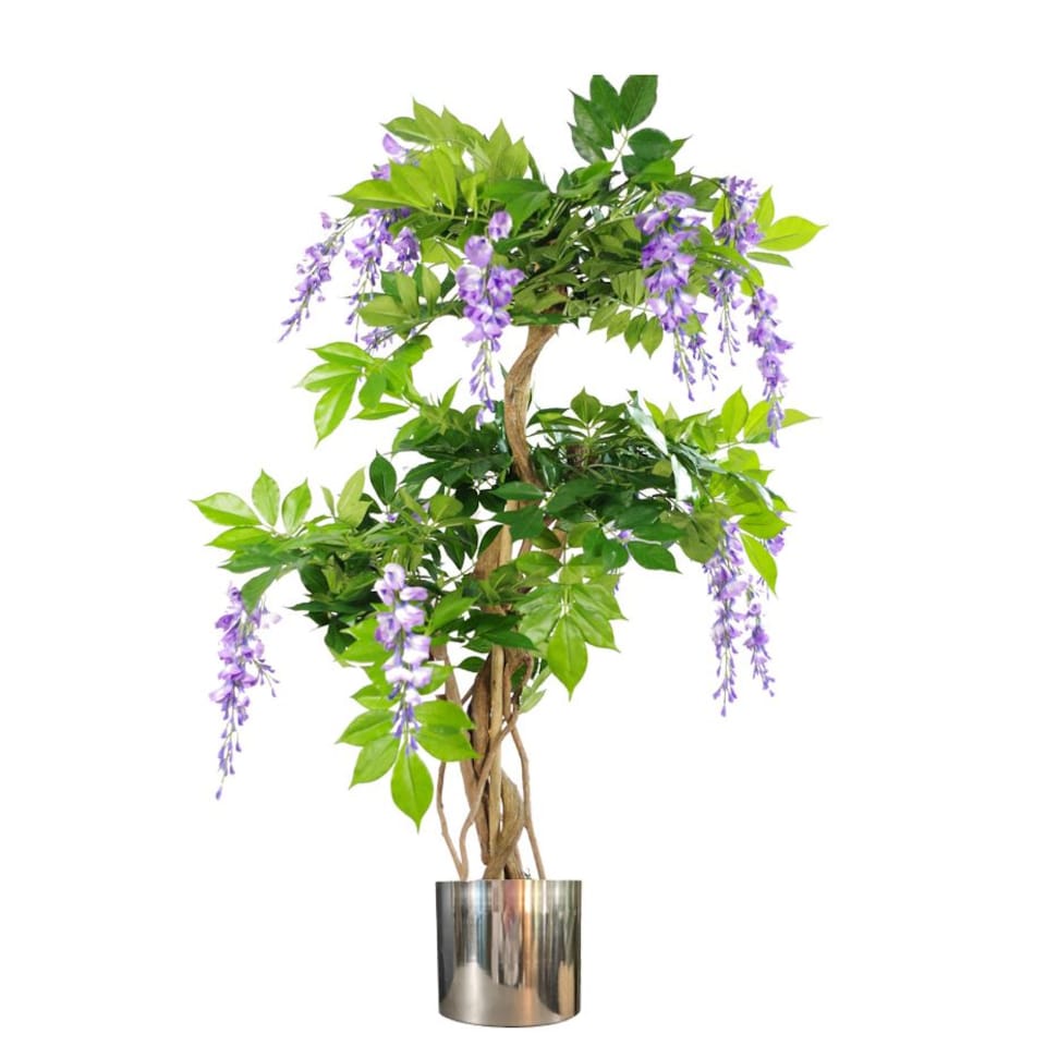 image 1 of Artificial 110cm Purple Blossom Tree with Silver Metal Planter