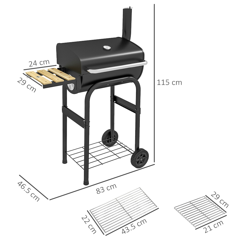 image 1 of Outsunny Charcoal Barbecue BBQ Grill Trolley W/ Shelves, Lid and Thermometer