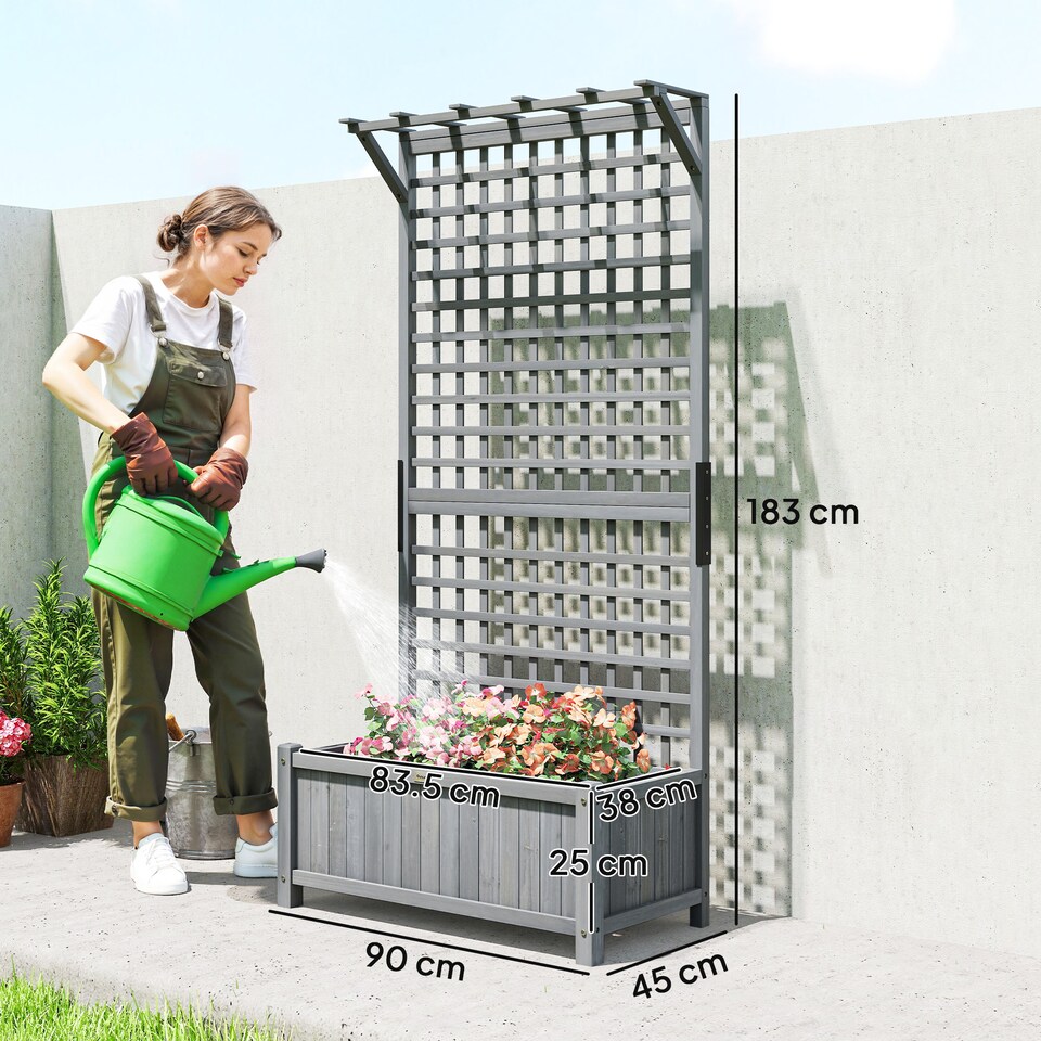 image 1 of Outsunny Wood Planter with Trellis for Climbing Plants Planter Box Dark Grey | Grey