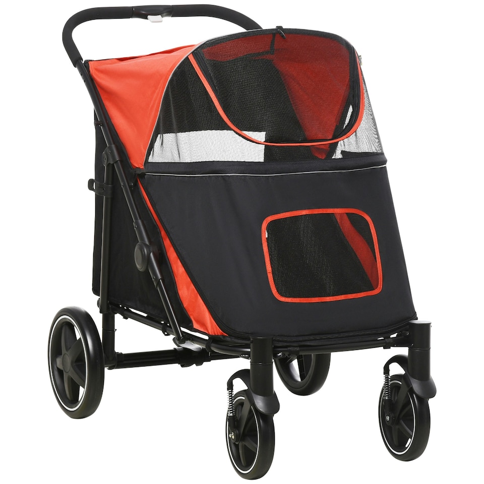image 1 of PawHut Foldable Dog Carriage w/ Universal Wheels, Shock Absorber, Red