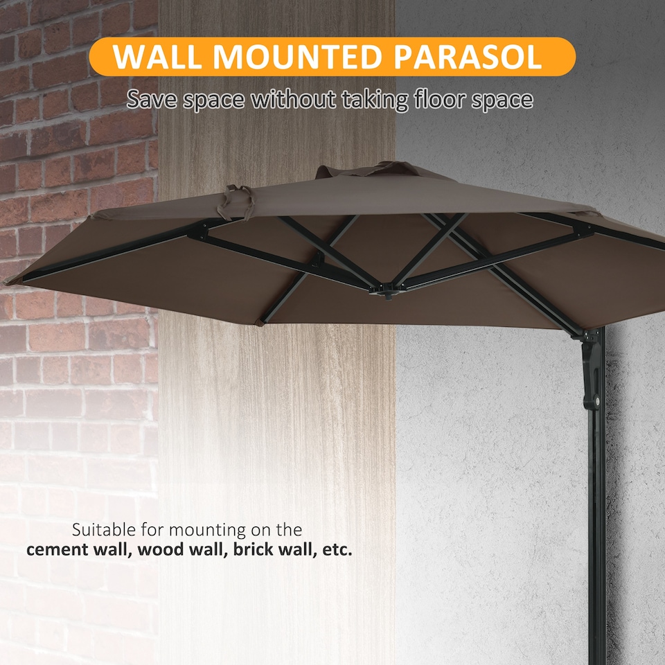 image 1 of Outsunny 2.5m Wall Mounted Parasol, Hand to Push Outdoor Patio Umbrella with 180 Degree Rotatable Canopy for Porch, Deck, Garden, 250 cm, Khaki