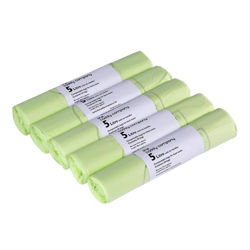 image 1 of The Caddy Company 5 Litre Tie Handle Compostable Food Waste Bin Bags - 5 Rolls