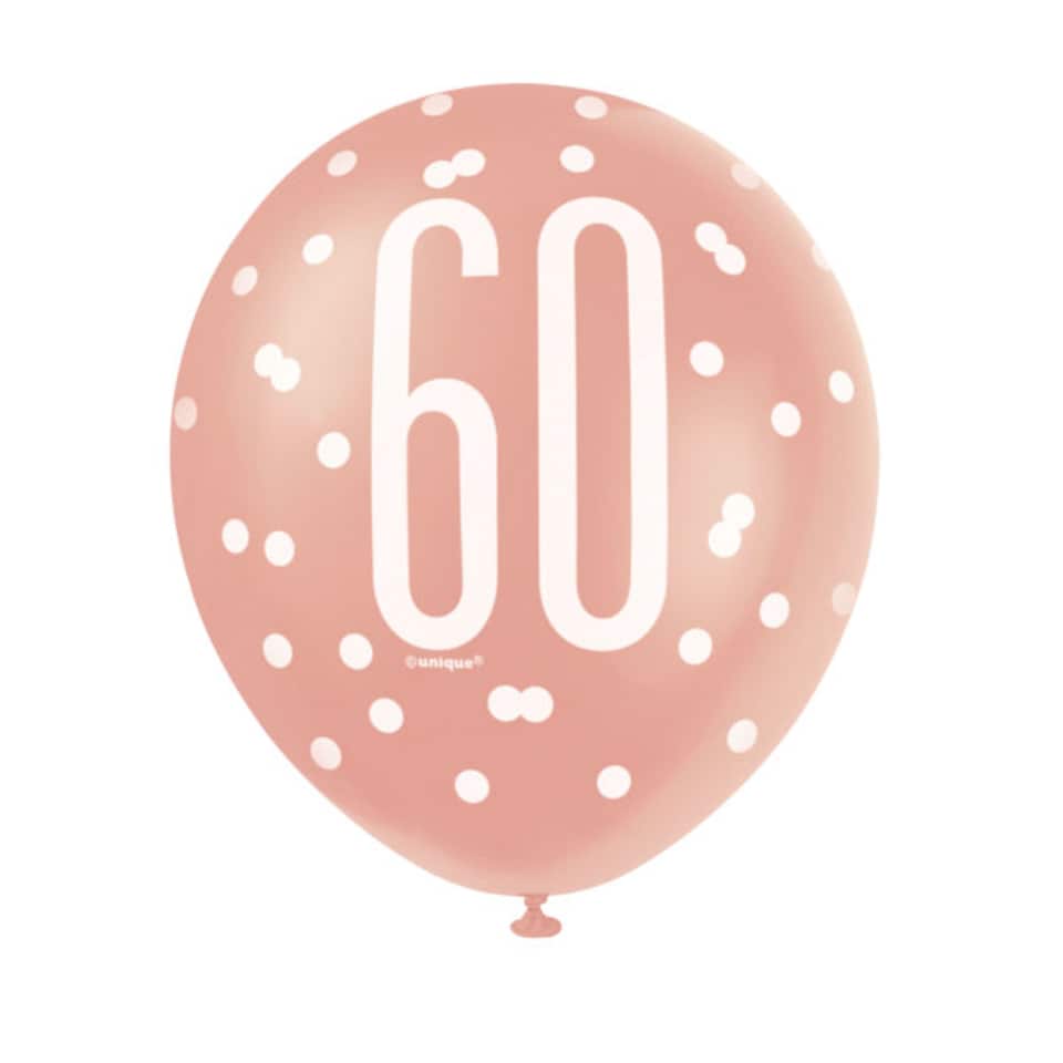 image 1 of Rose Gold Glitz Age 60 Assorted Biodegradable Latex Balloons 30cm / 12 in - Pack of 6