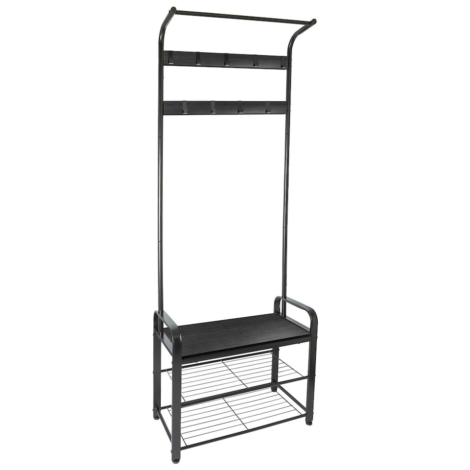 image 1 of Harbour Housewares Curved Steel Coat Rack with Shoe Storage Bench - Coat Rack Coat Stand Hat Stand Hooks Shoe Storage Clothing Rail Unit S