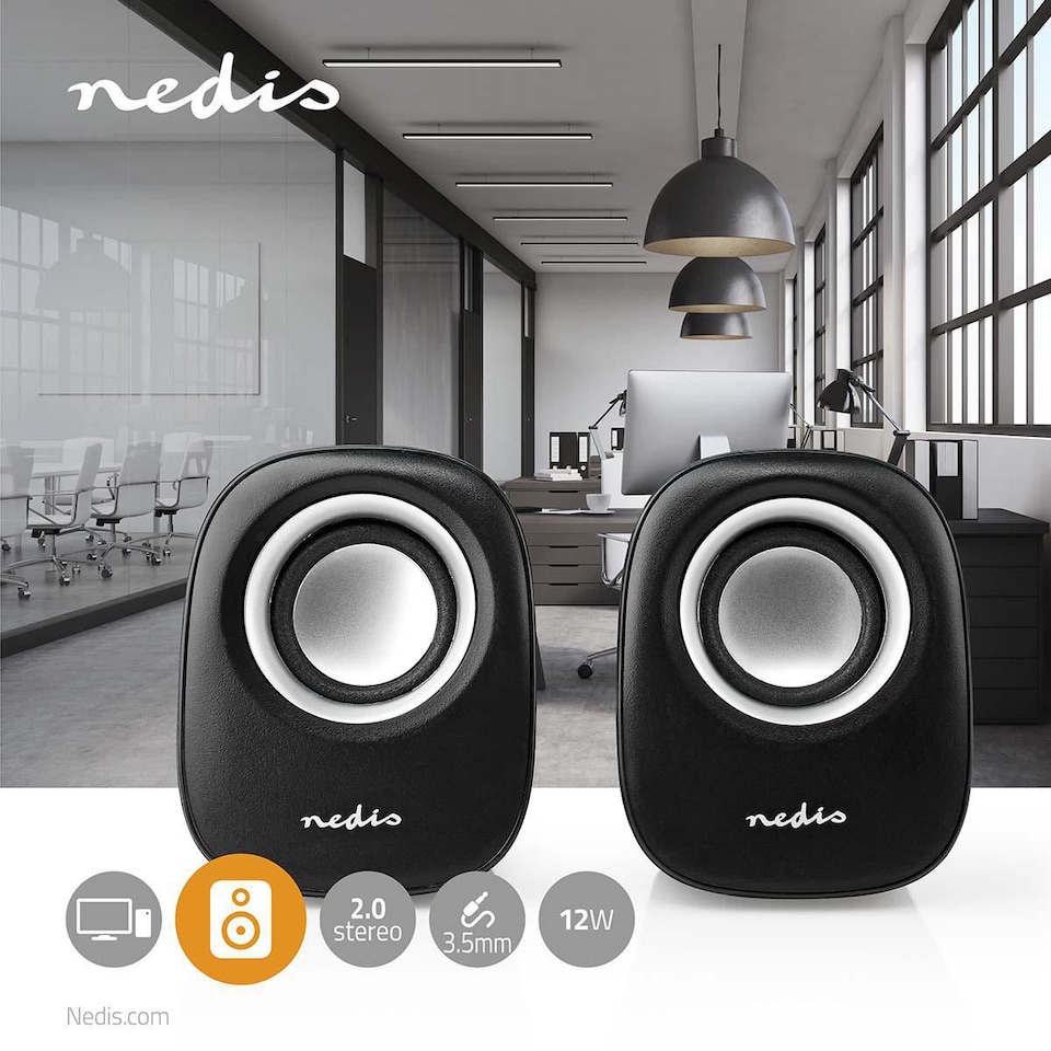 image 1 of Nedis PC Speakers for Computer, Laptop, Tablet, Smartphone, Portable Speaker Set 12W, Wired with USB and 3.5mm Jack, Black and Silver