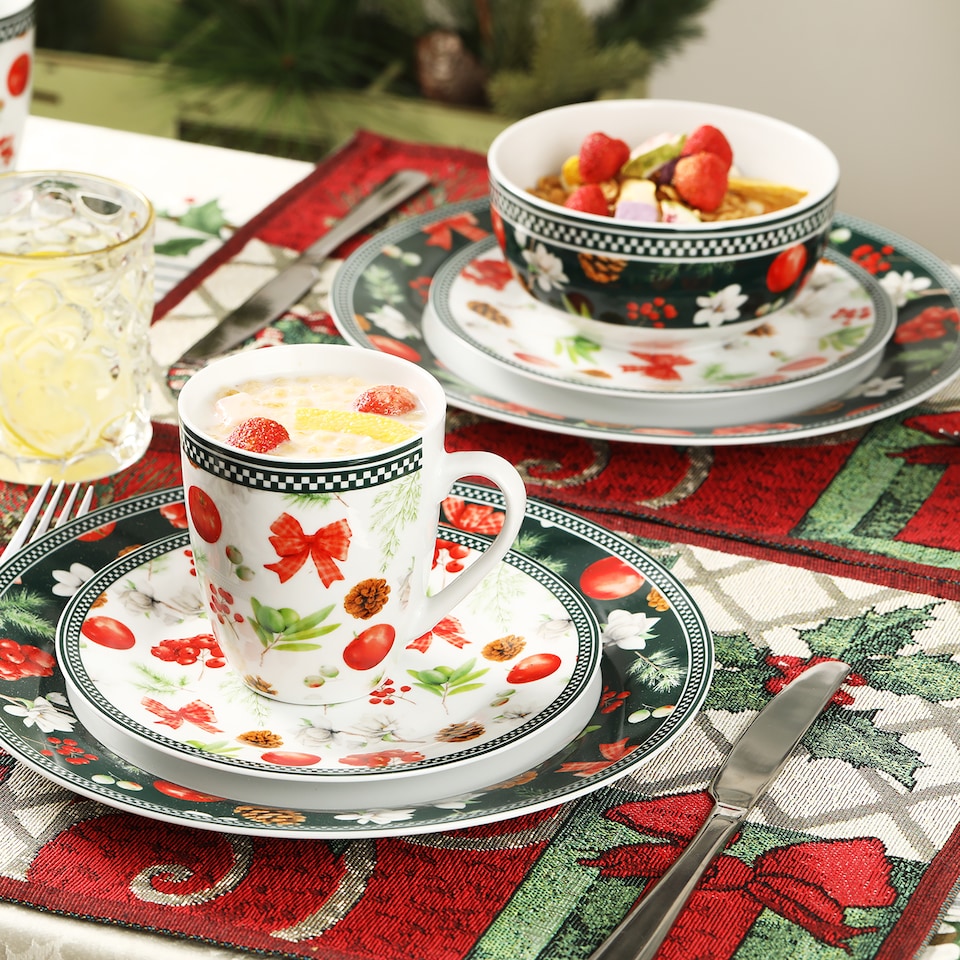 image 1 of simpa 24PC Christmas Flora Orchard Ceramic Dinner Set.