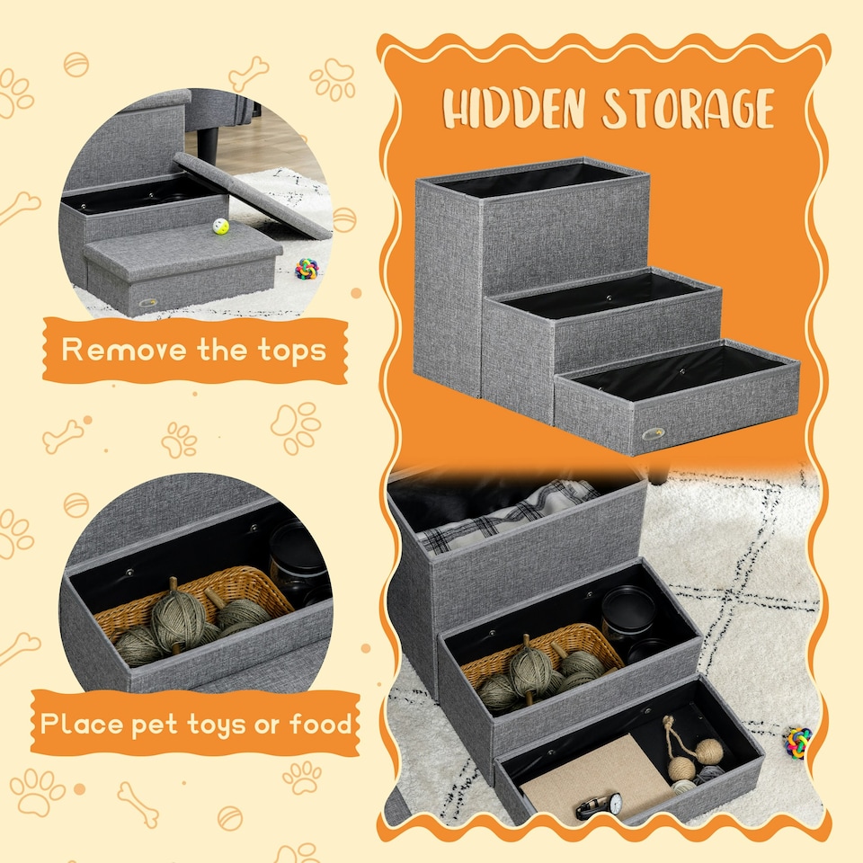 image 1 of PawHut 3 Step Dog Steps with Storage Boxes, Cat Stairs for Bed Sofa, Light Grey