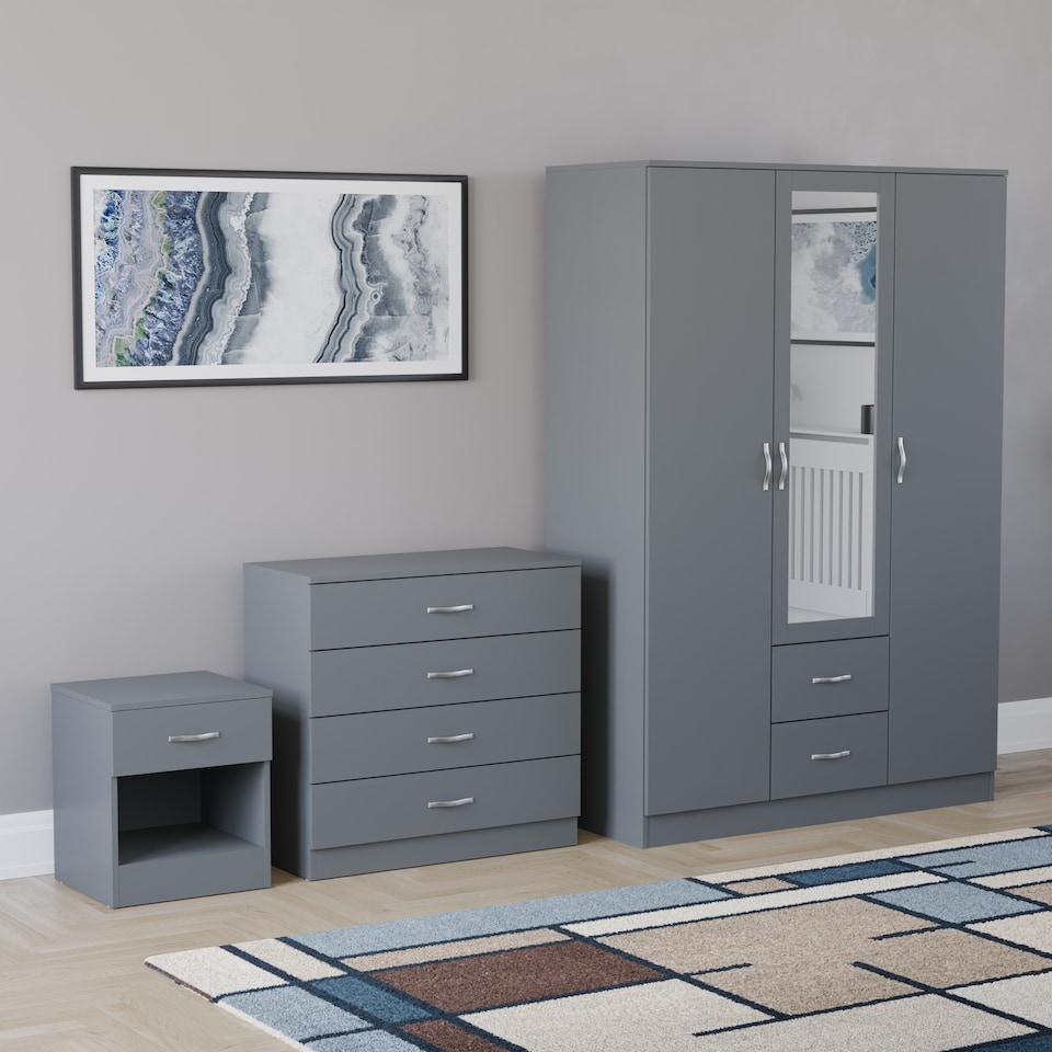 image 1 of Vida Designs Riano 3 Piece Bedroom Set (1 Drawer Bedside Chest, 4 Drawer Chest, 3 Door 2 Drawer Mirrored Wardrobe), Grey (5)