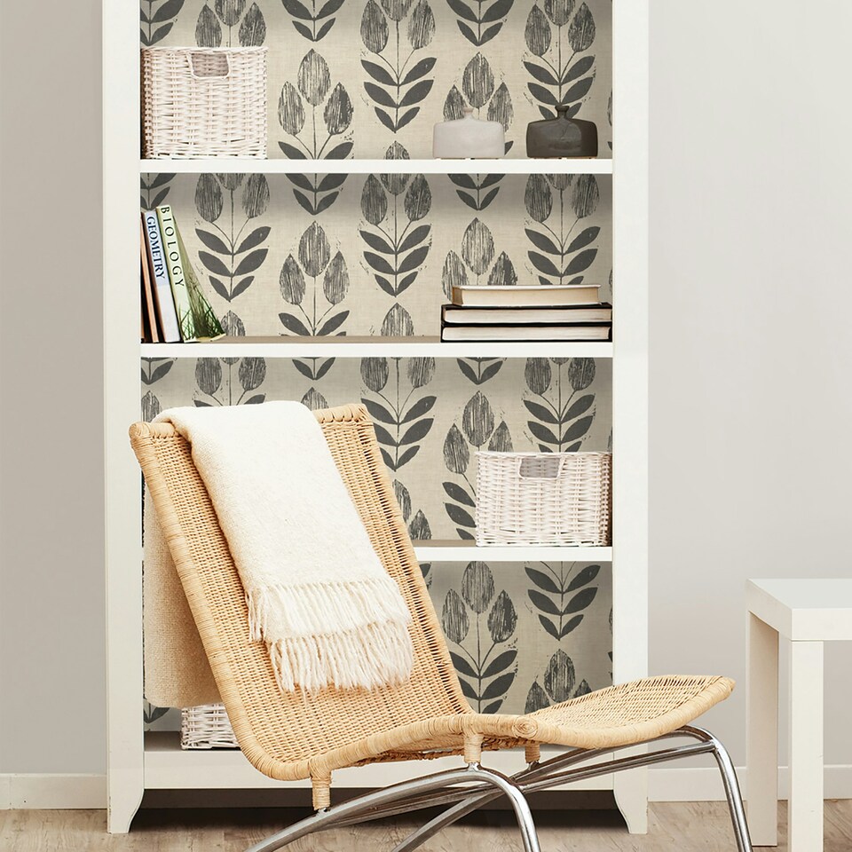 image 1 of NuWallpaper NUS2459 Folk Tulip Peel & Stick Wallpaper, Charcoal Multi