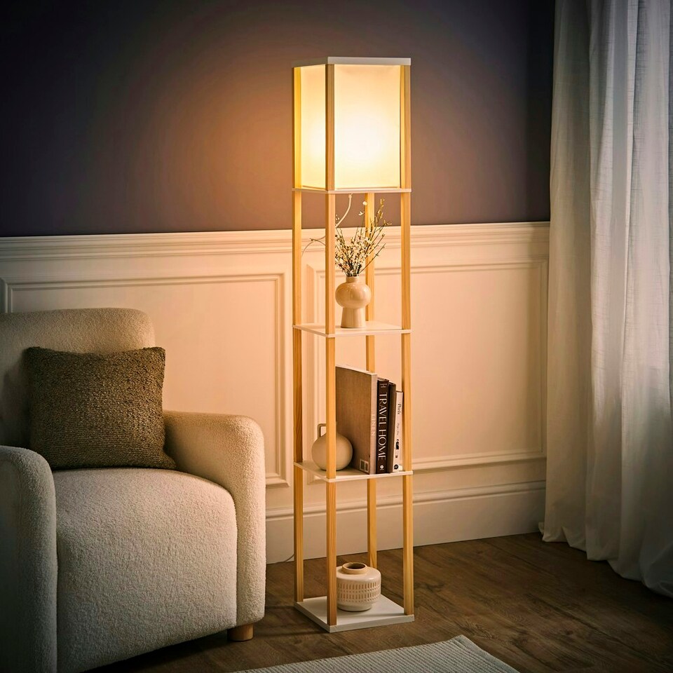 image 1 of ValueLights Struttura Oak Shelving Floor Lamp with Fabric Shade