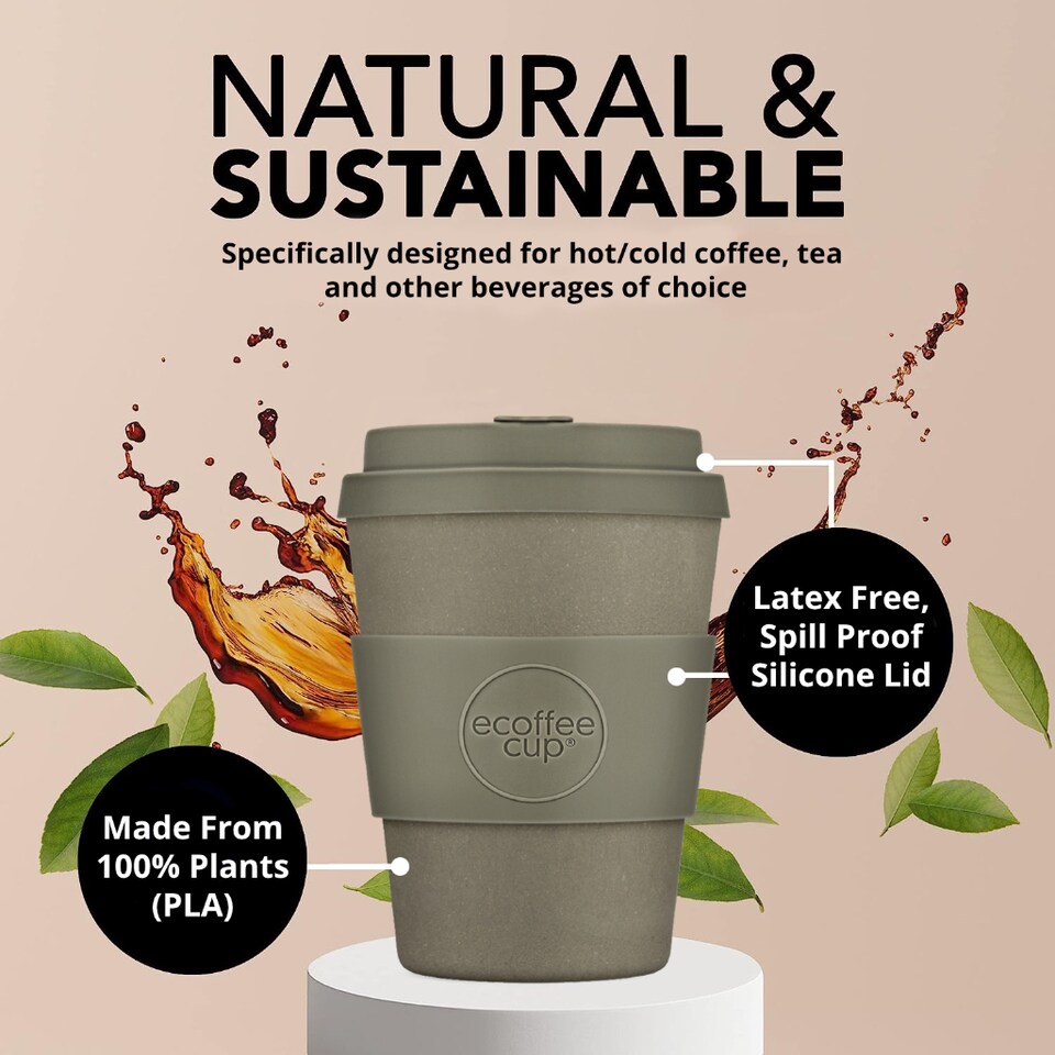 image 1 of Ecoffee Cup 12oz 350ml Reusable Eco-Friendly, Plant Based Coffee Cup with Silicone Lid & Sleeve, Molto Grigio | Grey | Molto Grigio